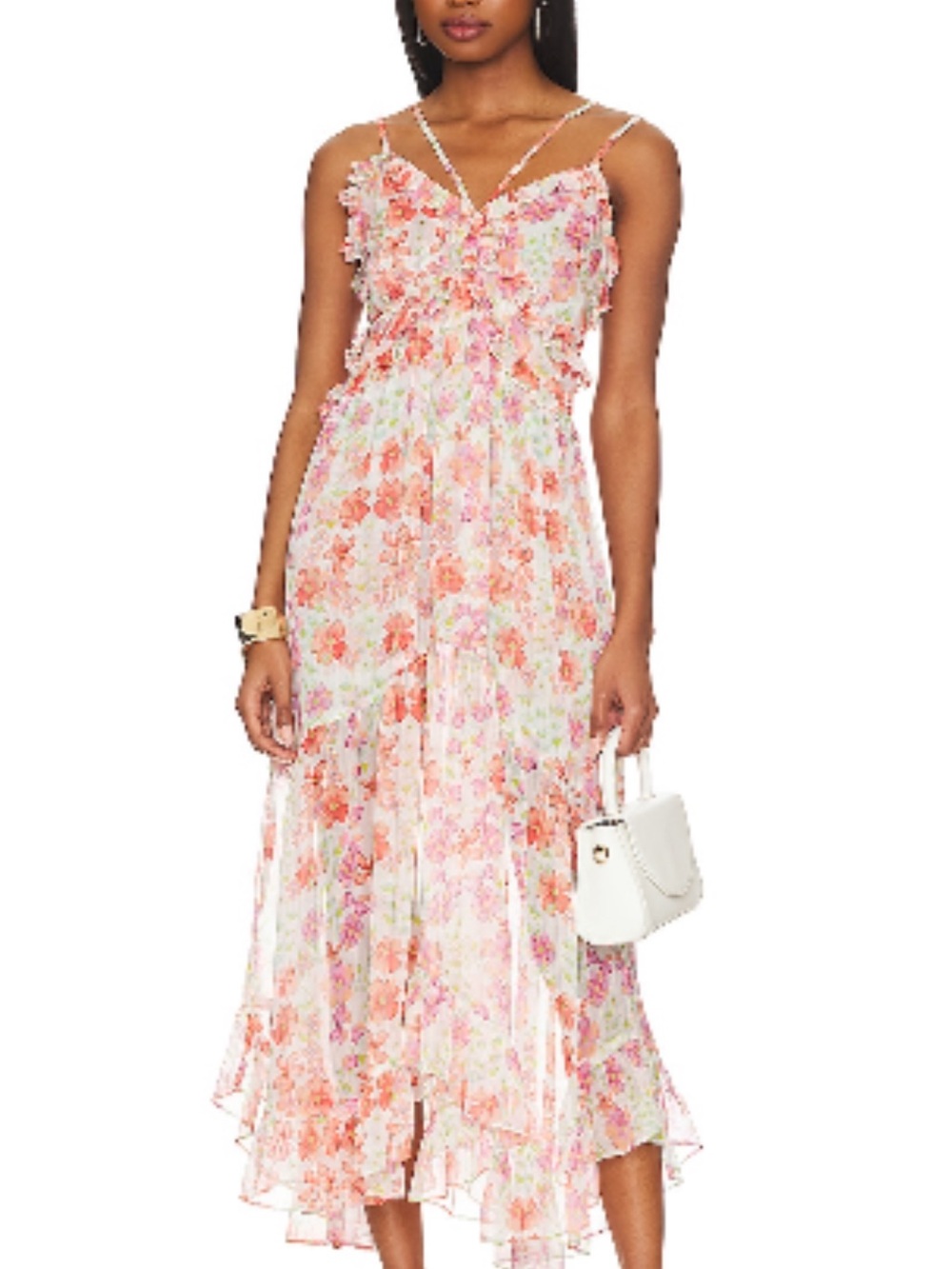 Floral Ruffle Midi Dress in Peach-Pink